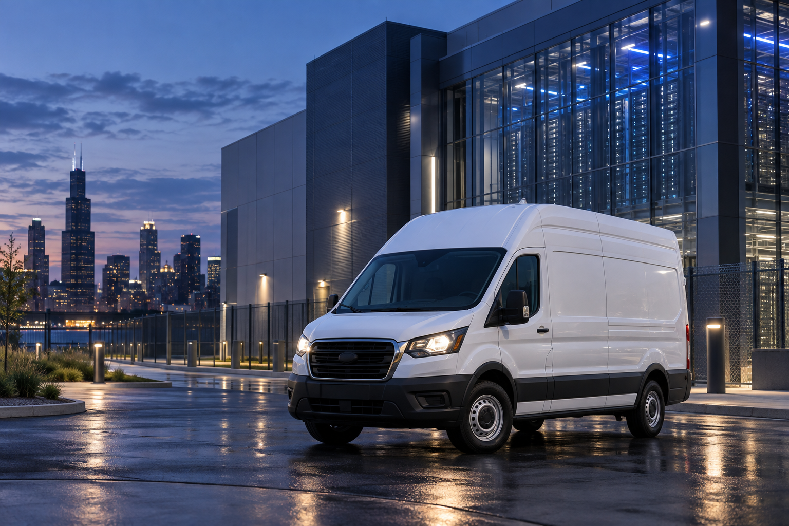 White cargo van outside a modern data center at dusk